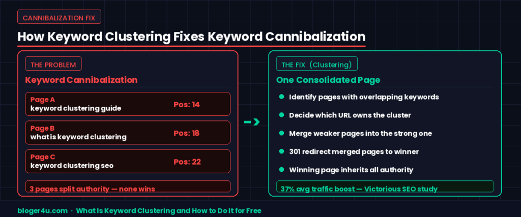 What Is Keyword Clustering and How to Do It for Free 6 Before and after infographic showing keyword cannibalization problem with 3 competing pages vs the clustering fix with one consolidated page earning 37% more traffic