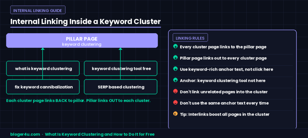 What Is Keyword Clustering and How to Do It for Free 7 Internal linking diagram showing pillar page connected to four cluster pages with bidirectional links, plus seven linking rules for keyword clusters