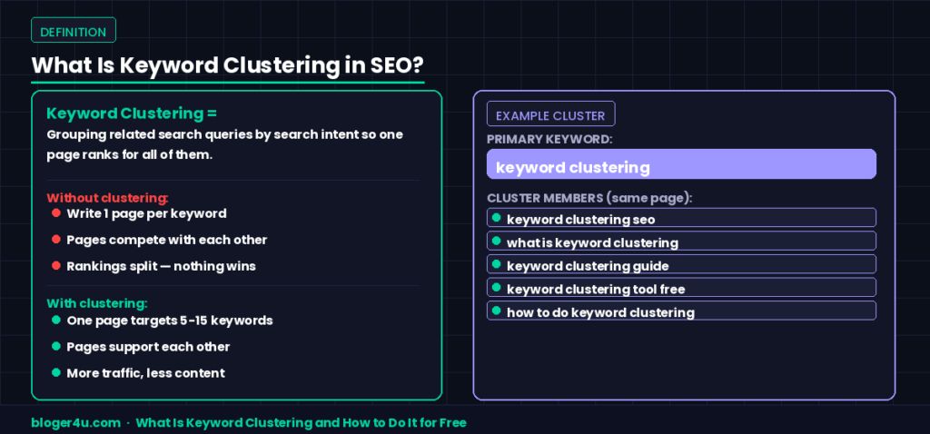 What Is Keyword Clustering and How to Do It for Free 2 Keyword clustering definition infographic showing example cluster for "keyword clustering" with 5 related keywords grouped on one page vs targeting keywords separately