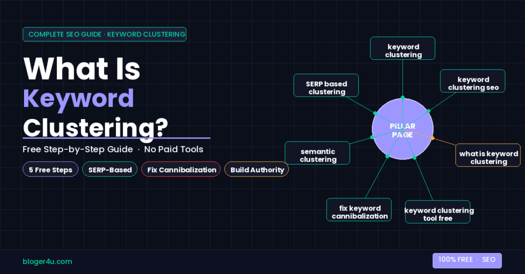 Hub-and-spoke diagram showing keyword clustering with pillar page at centre and related keywords as cluster members — bloger4u.com