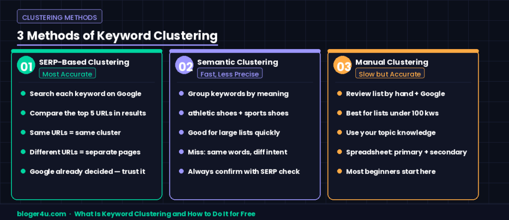 What Is Keyword Clustering and How to Do It for Free 4 Three keyword clustering methods infographic: SERP-based clustering, semantic clustering, and manual clustering — with accuracy ratings and step-by-step points for each