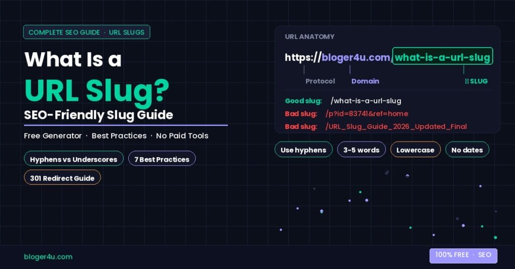URL anatomy diagram showing https://bloger4u.com/what-is-a-url-slug with the slug highlighted in green, plus good vs bad slug examples and 4 best practice chips